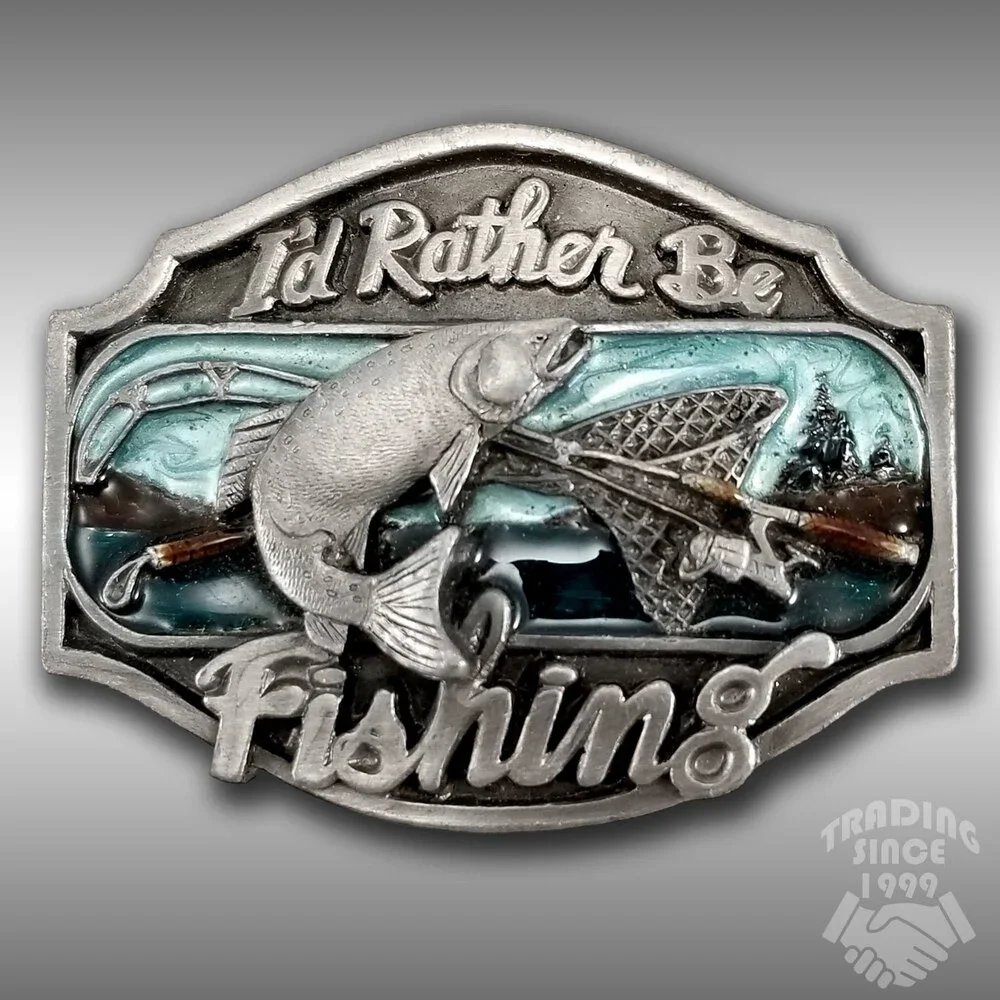 Vintage I'd Rather Be‎ Fishing Belt Buckle Rio Grande Buckle Co. 1989 Pewter